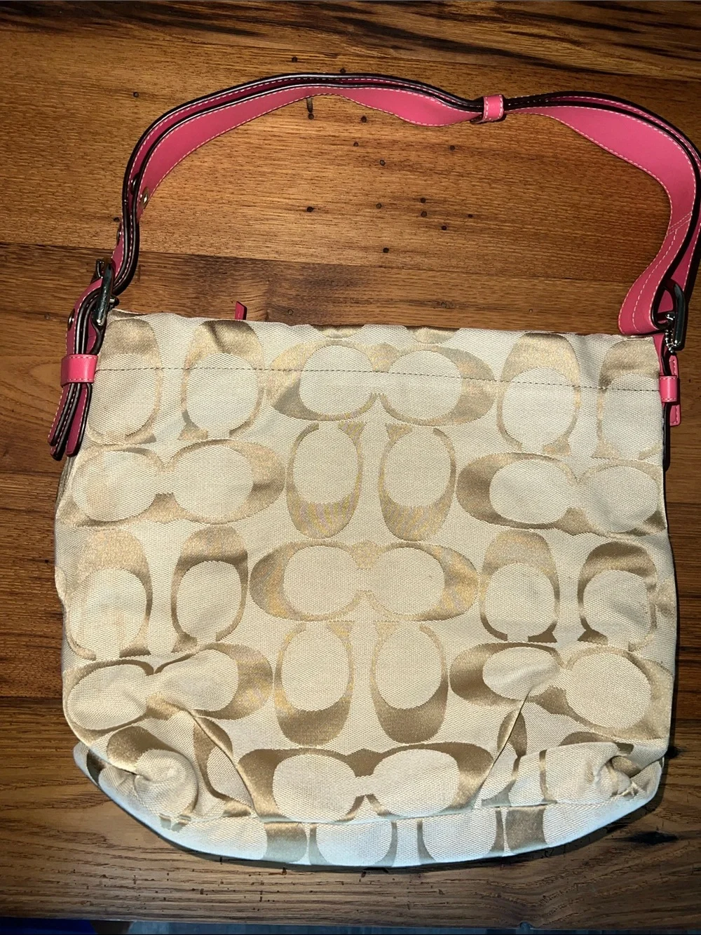 Coach Beige Signature Canvas Shoulder Bag with Pink Leather Strap